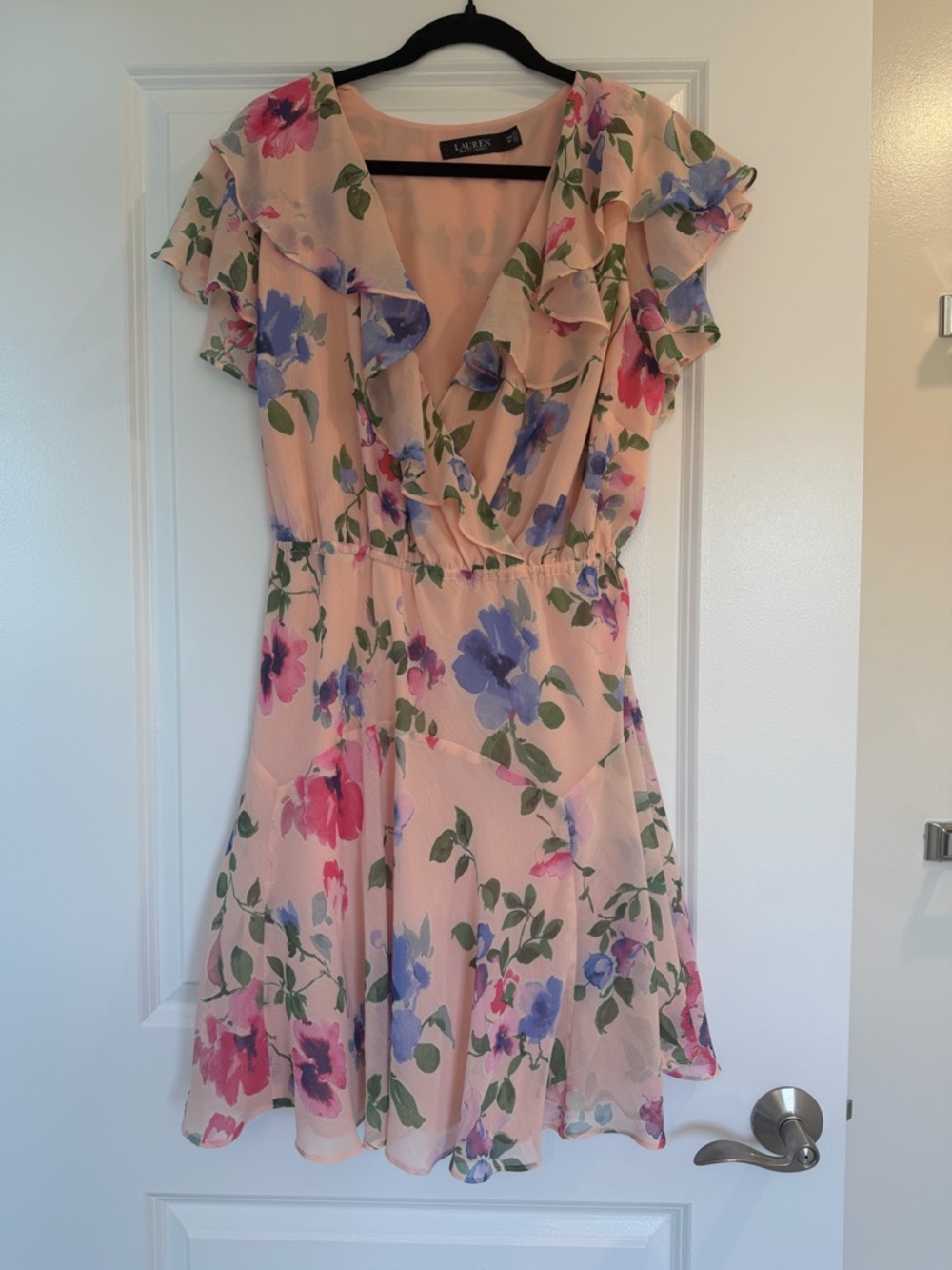 Ralph Lauren Crinkle Georgette V-Neck Ruffle Mini Dress - 14W/14+